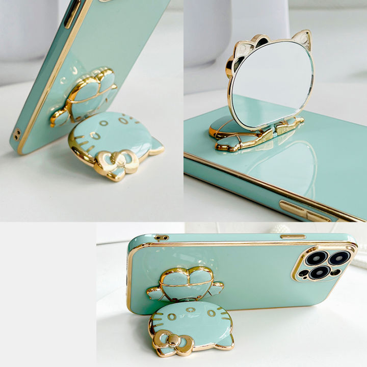 TA for Redmi A1 A2 Back Cover Hello Kitty Mirror Folding Bracket Luxury Plating Case Soft Silicone Square Phone Case for Girls
