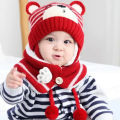 【AmbitionmA】 6M-34M Unisex Winter Kids Baby Girls Boys Cartoon Bear Stripe Knit Hat Cap Woolen Yarn Scarf Earmuff Warm keep Set for outdoor. 
