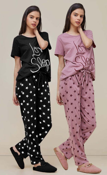 Pack of 2 Love Sleep Soft cotton Night Wear for Women Night suit for girls and women, Sleeping Dress Girls Sleepwear  Loungewear Sleeping Suit lingerie T shirt and Pajama, Night Dress for girls and women