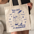 You Get Me Looking for Attention Pattern Tote Bag Rabbit Canvas Handbag for Daily Commuting Kpop Shoulder Bag Newjeans Fans Gift. 
