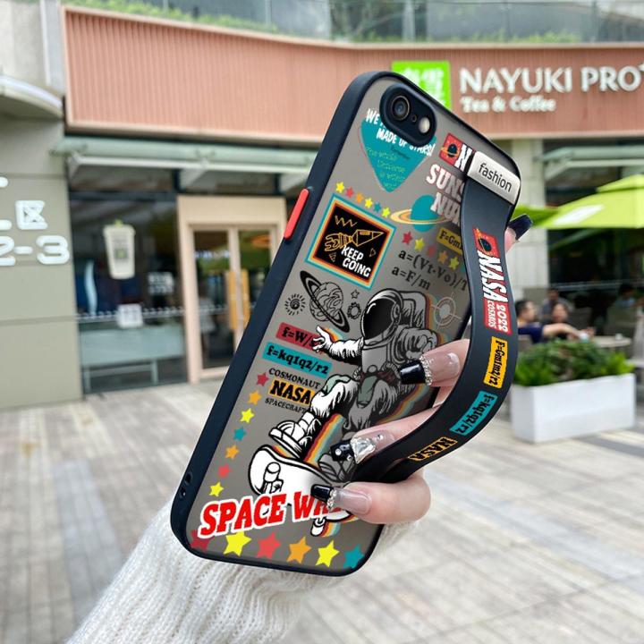 JIUMOO for iPhone 6s Plus Case Fashion Tide Cool Space Astronaut With Wristband Thin Frosted Transparent Hard Phone Case Full Cover Camera Silicone Softcase Pattern Casing Shockproof Protection Cases