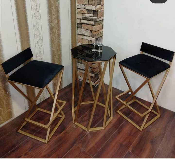 Modern Bar Stool Set With Centre Table: Versatile Z-Bar Stools in Sleek Black, Ideal for Café, Breakfast, Kitchen, and Coffee Table Use