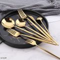 24pcs Gold & Black Gold Dinnerware Set Western 304 Stainless Steel Tableware Set Knife Fork Spoon Luxury Flatware Kitchen Set  Dishwasher Safe. 