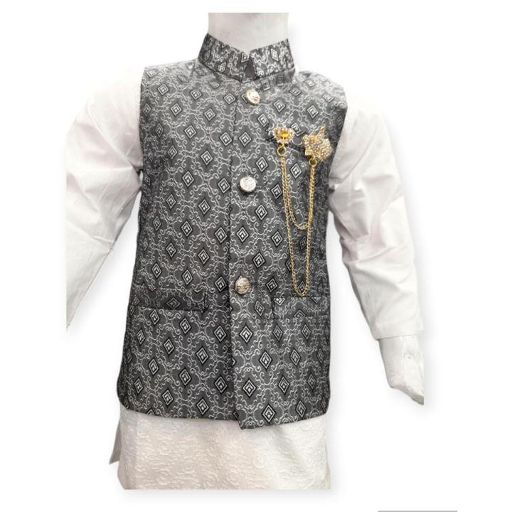 KIDS FOR Boys Fashion Clothing 4 Pieces Suits (Kurta Shalwar Waistcoat and Brooch) Kids Fashion Age- 1 To 12 Years-WHITE CHICKEN SUIT