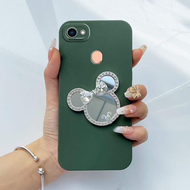 OPPO F7 Fashion 3D Disney Mickey Minnie Mouse MakingUp Mobile Phone  Casing Mirror Diamond Bow Case Girl Women Len Protect Silicone Shockproof Soft Back Cover