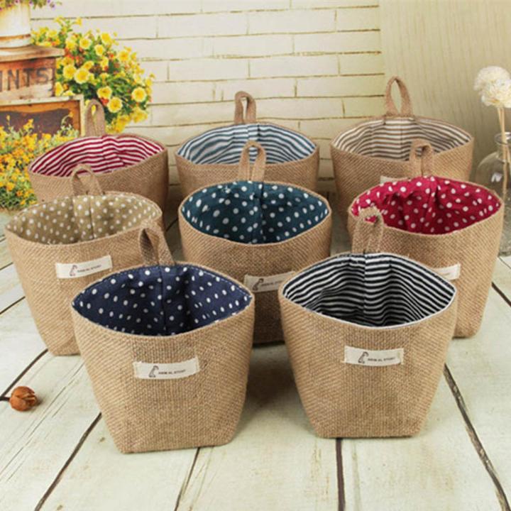 Small Storage Sack Stripe Dot Hanging bag Sundries storage basket jute cloth bag Flower Pot Cosmetic Bag Home Decor 14*12.5cm