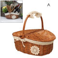 Picnic Basket Handmade Camping Wicker Picnic Basket Shopping Storage Basket with Lid and Wooden Handle. 
