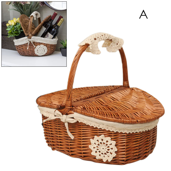 Picnic Basket Handmade Camping Wicker Picnic Basket Shopping Storage Basket with Lid and Wooden Handle