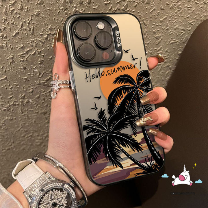 Dongzhu Summer Dusk Sunset Coconut Trees Luxury Plating Metal Phone Case Compatible for IPhone 11 15 14 13 12 Pro Ma XR X XS Max 15 14 Plus Shockproof Soft Silicone Cover