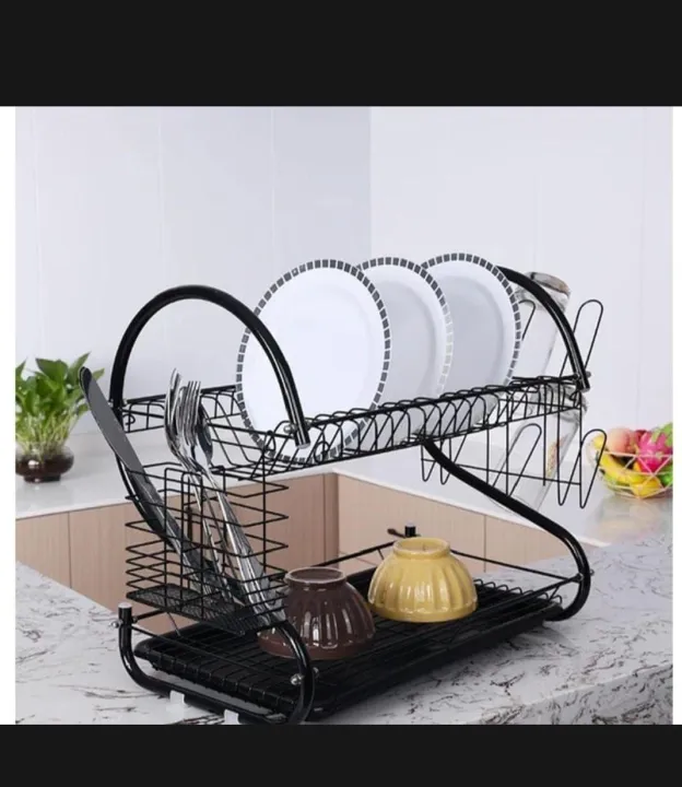 HMT S Shape Black Double Decker Dish Rack, Multifunctional Plate Dish ...