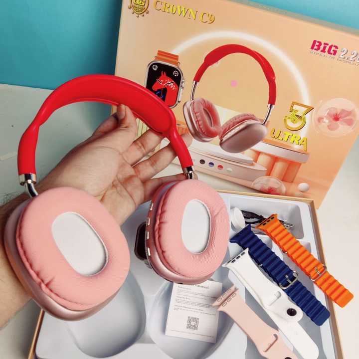 C9 ULTRA 3 SMART WATCH COMBO WITH HEADPHONES 4 STRAPS WITH WIRELESS CHARGER