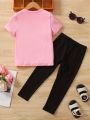 2 Pcs Girls Cartoon Cat Print Short Sleeve Tee & Cat Print Pants Set. 