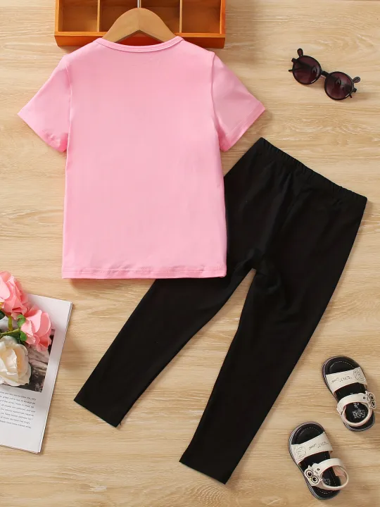 2%20Pcs%20Girls%20Cartoon%20Cat%20Print%20Short%20Sleeve%20Tee%20&%20Cat%20Print%20Pants%20Set%20-%20Image%202