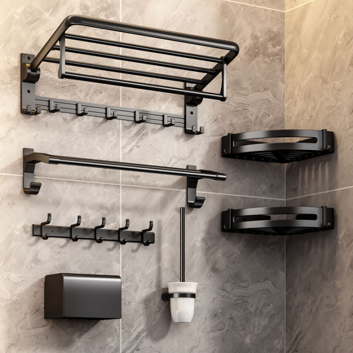 Towel rack punch-free bathroom wall-mounted towel rack black toilet pendant set space aluminum bathroom storage rack