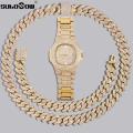 Hip Hop Men Cuban Link Chain Bracelet With Wrist Watches Bling Iced Out Chain Full Rhinestone Paved Crystal Bracelets Jewellery. 