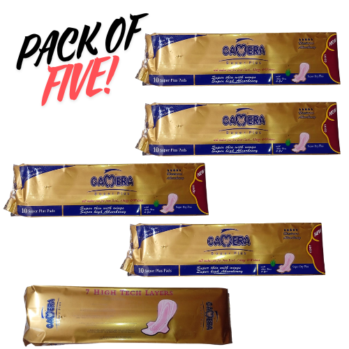(Pack of 5) Ladies Pads  Camera original sanitary pads for girls periods with 7 high-tech protective layers, 10 super plus pads
