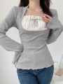 y2k Lace Patchwork Two Piece T-shirt Flare Long Sleeve Tops Spring Casual Kawaii Clothes Korean Shirt. 