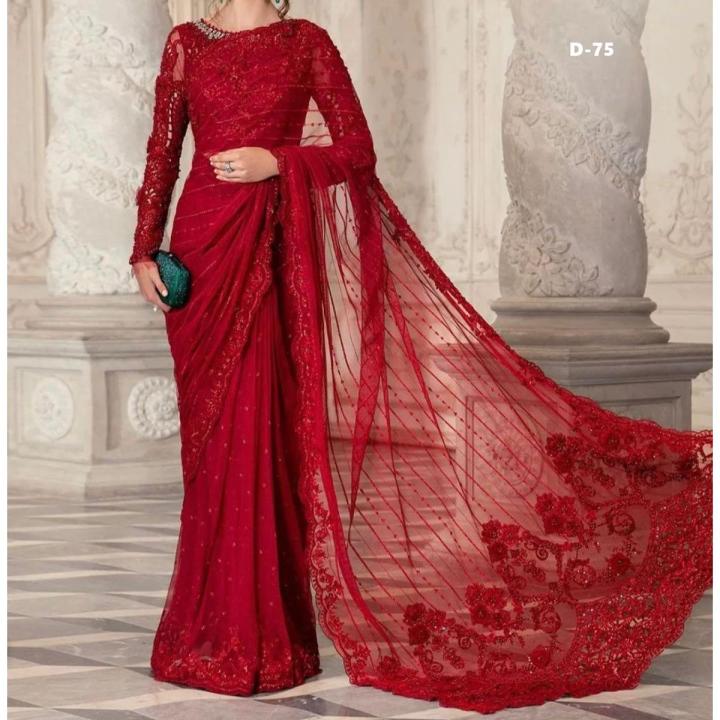 Fancy Red Chiffon Embroidered Saree For Women