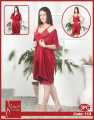 3 Pcs Maroon Satin Silk Long Gown Set for Women Ladies Sleepwear Night Dress For Women. 