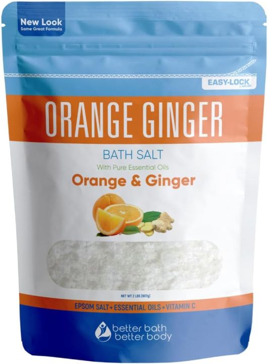 Orange Ginger Bath Salt 32 Ounces 907gm Epsom Salt with Natural Ginger and Orange Essential Oils Plus Vitamin C in BPA Free Pouch with Easy Press-Lock Seal