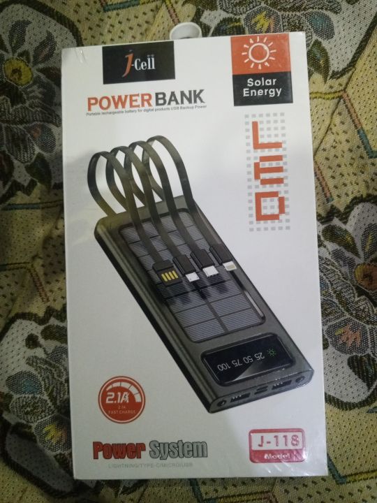 J-cell 10000mAh Solar Power Bank Portable Fast Charger External Battery with in Built 4 Charging Power Cable Model J-118