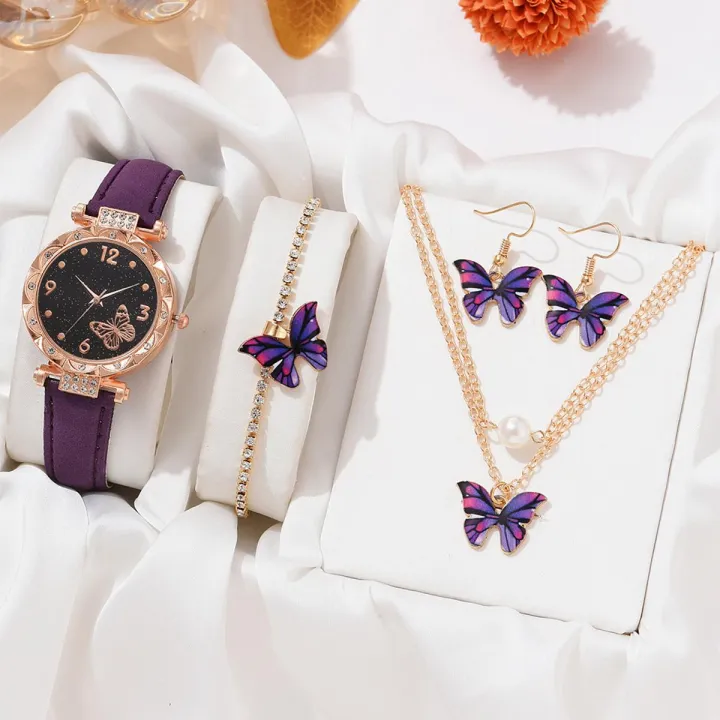 New%20Arrival!%205pcs%20Fashion%20Women's%20Quartz%20Watch%20Set%20with%20Butterfly%20Elements%20Bracelet%20Necklace%20&%20Ear%20Pendants%20in%20Multiple%20Colors%20for%20Comfortable%20Wearing%20Rhinestone%20Romantic%20Watch%20-%20Image%202