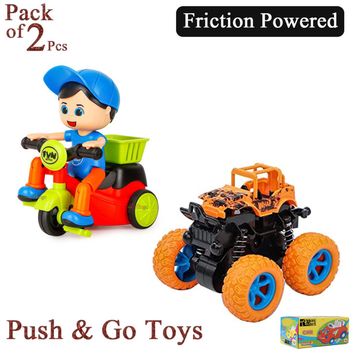 ack of 2 Pcs Set - Friction Powered Mini Tricycle Cartoon Scooter and 360 Monster Truck Car Toy For Kids Boys and Girls Diecast Toys Cars - Push and Go Die Cast Vehicle