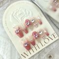 10Pcs XS S M L Love Bow Handmade Nails Luxurious Full Cover with Rhinestone Press on Nails Pink White Lines with Tool Box Pure Manual False Nail Women Girl. 
