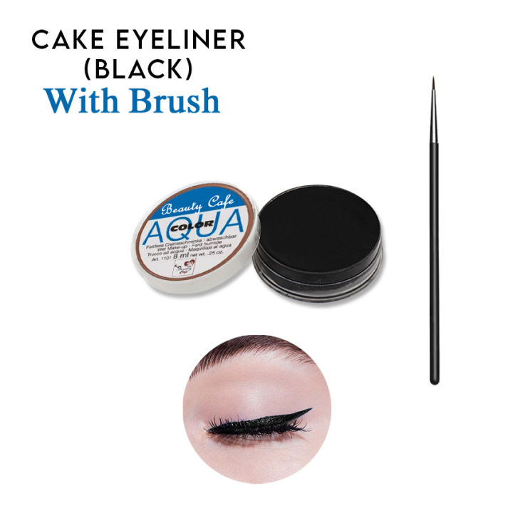 2 Pcs Set - Black Color Matte Aqua Cake Eyeliner Water Activated Eye Liner Cosmetic Kit - With Liner Brush waterproof Not Include - Wet Dry Cack Eyebrow Brushes Aquacolor Makeup Deal Eye Brow Make Up Deals
