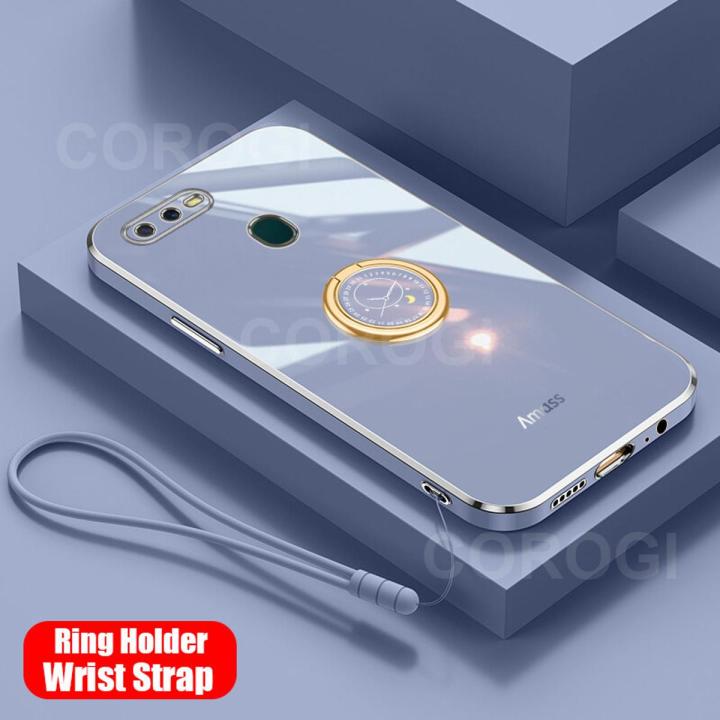 For OPPO A5s Back Cover with Ring Holder Stand + Wrist Strap Shiny Plating Square Bumper Protective Case Soft Silicone Shockproof Mobile Phone Cases