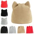 Striped Beanie with Cat Ear Women Contrast Cute Devil Horns Hat Girls Handmade Crochet Winter Warm Ski Cap For Halloween Gift. 