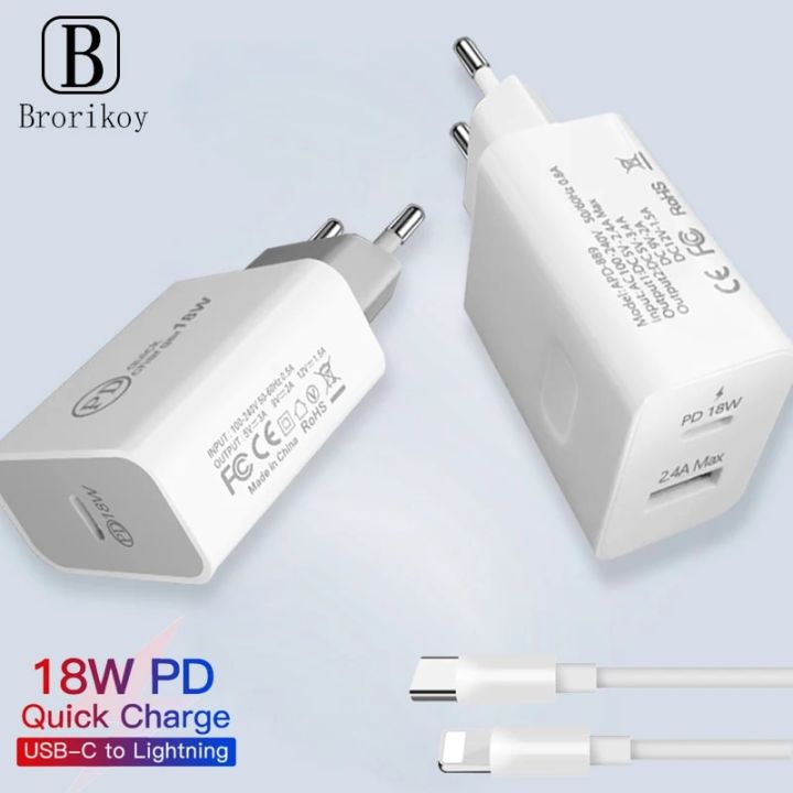 PD 18W Quick Charge QC 3.0 4.0 Mobile phone Fast Charger for iPhone Xs 11 Pro Max 8 Plus X PD USB-C Type-C to Lighting USB Cable
