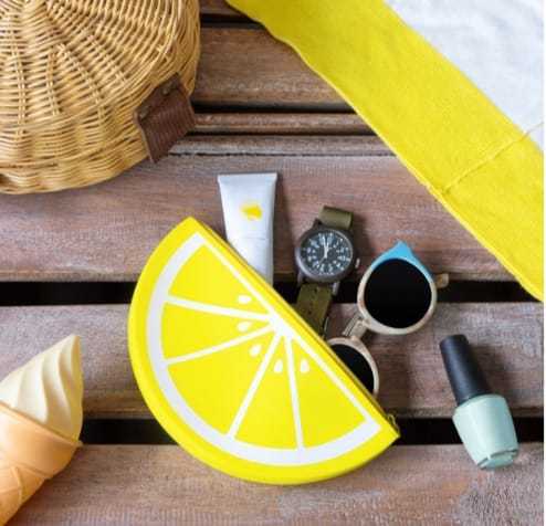 stationary box, makeup pouch, cotton bag with lemon slice painting
