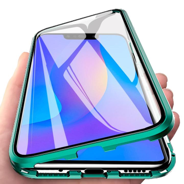 For Huawei P Smart Plus (2018) Casing 360° Full Body Transparent Tempered Glass with Magnetic Adsorption Metal Bumper Case Cover