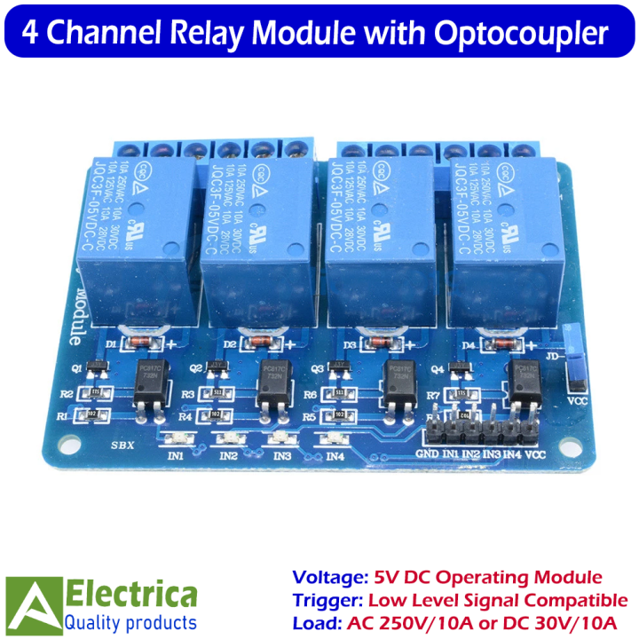 4 Channel Relay Module 5V with Optocoupler Isolation, Low Level Trigger Compatible with Arduino, Raspberry Pi, PIC, AVR, ARM & Smart Home Automation Projects by Electrica