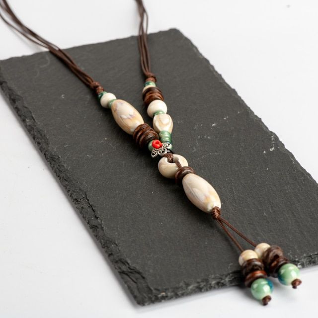 Heaert Sharp Ceramics Bead Necklace Chinese Style Tassel Necklaces Vintage Ceramic Beads Women Necklaces Iy268