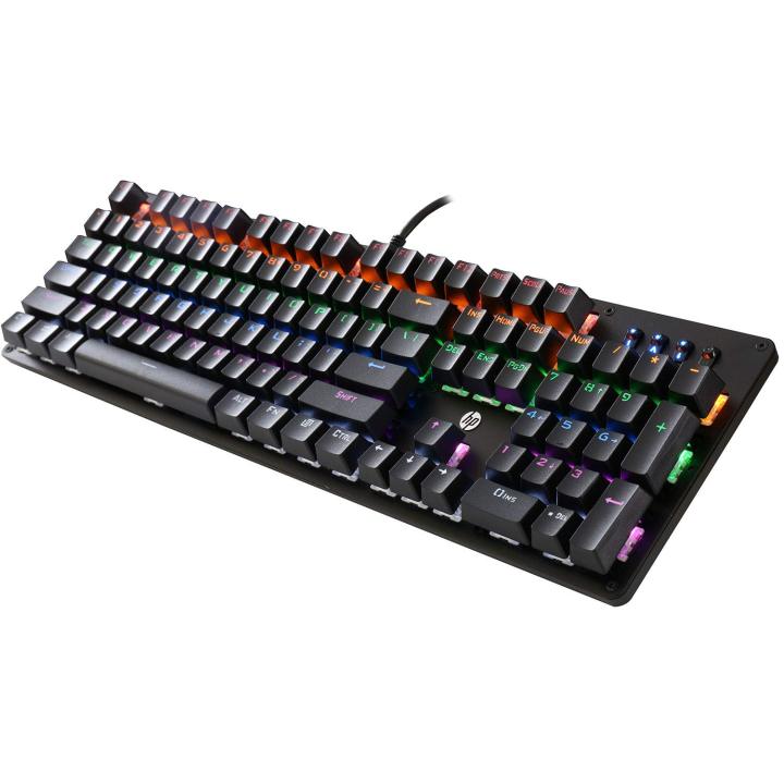 HP GK100F Wired Full Size RGM Backlit Mechanical Gaming Keyboard, 7 LED Indicators, Mechanical Blue Switches, Single Piece Metal Panel, Double Injection Key Caps, and Window Key Lock, sale price (pakistan day sale)