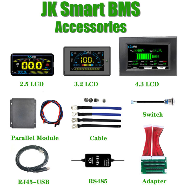 JK BMS Accessories Smart 3.2/4.3 LCD Display Lifepo4 Battery Start Switch Adapter Intelligent Protection Board Cables 4S 8S 100A