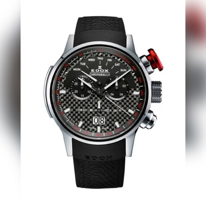 Edox Mens Chronorally Silver Stainless Steel Quartz Silver Case Carbon fiber Grey Dial Black Rubber Band Watch-EX38001-TIN-NIN