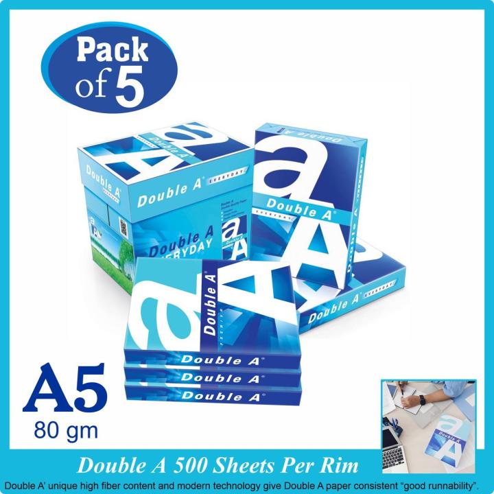 Pack of 5 Paper Rim, A5 Paper Rim 80gm, Double A Paper Ream, Original Paper Ream A5 80gm, AA Paper Rim