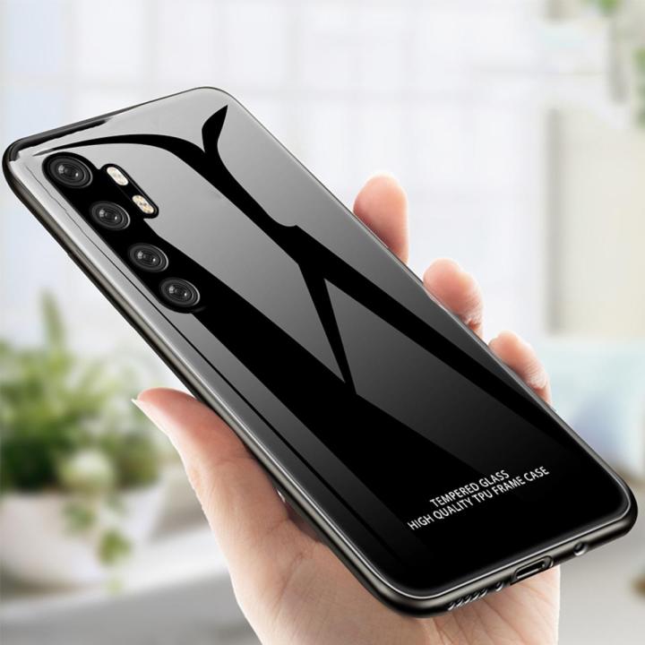 Biruiqu For Xiaomi Mi Note 10 Lite Shockproof Tempered Glass Back Soft Silicone Edge Black Case Cover Casing