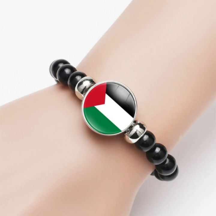 New Palestinian Flag Pattern Imitation Pearl Style Black Elastic Rope Beaded Bracelet For Men And Women Jewelry Gifts Wholesale