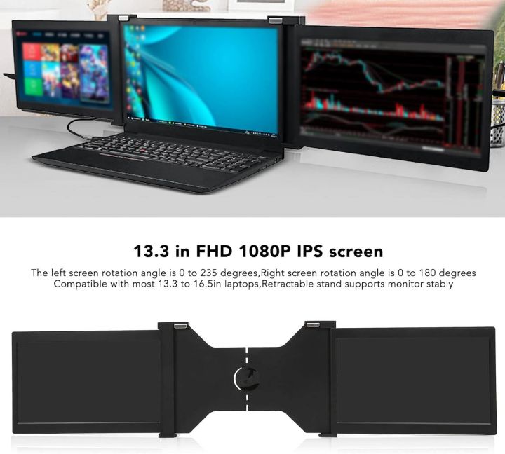 Triple Portable Monitor for Laptop, 13.3 " Laptop Monitor FHD 1080P IPS Laptop Screen Extender Type-C Plug and Play Dual Monitor Display for Laptop, PC, Smatrphone, Work with(Black), VGA