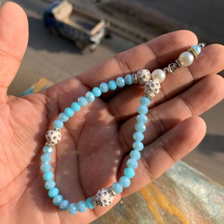 Hand-Made Elastic Bracelate Light-Blue Color Beads and Off-White Pearl Beads -Tasbih 33Beads 6mm Tasbeeh/Bracelate, Crysta Beads Tasbih.