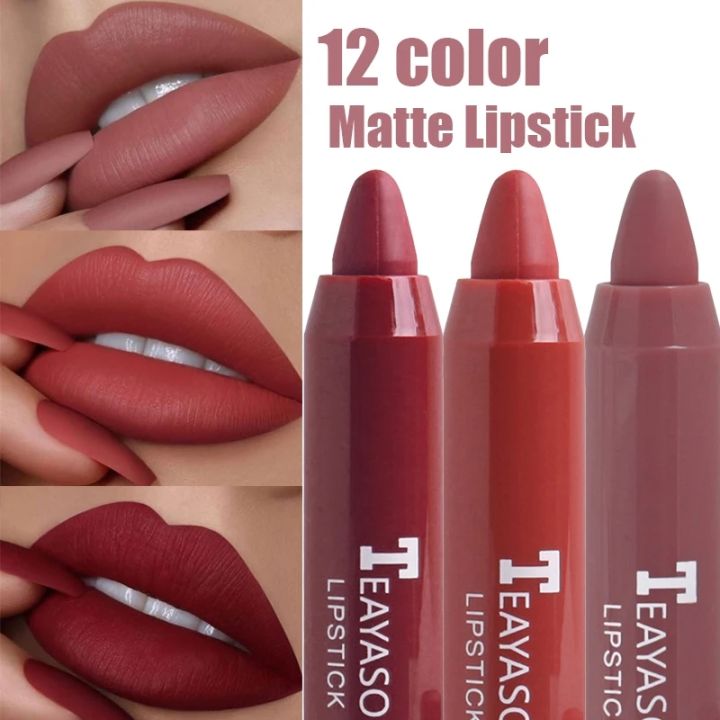 Waterproof Matte Velvet Nude Lipstick Pencil Sexy Red Brown Pigments Makeup Long Lasting Profissional Lip Tint Makeup 12 Colors