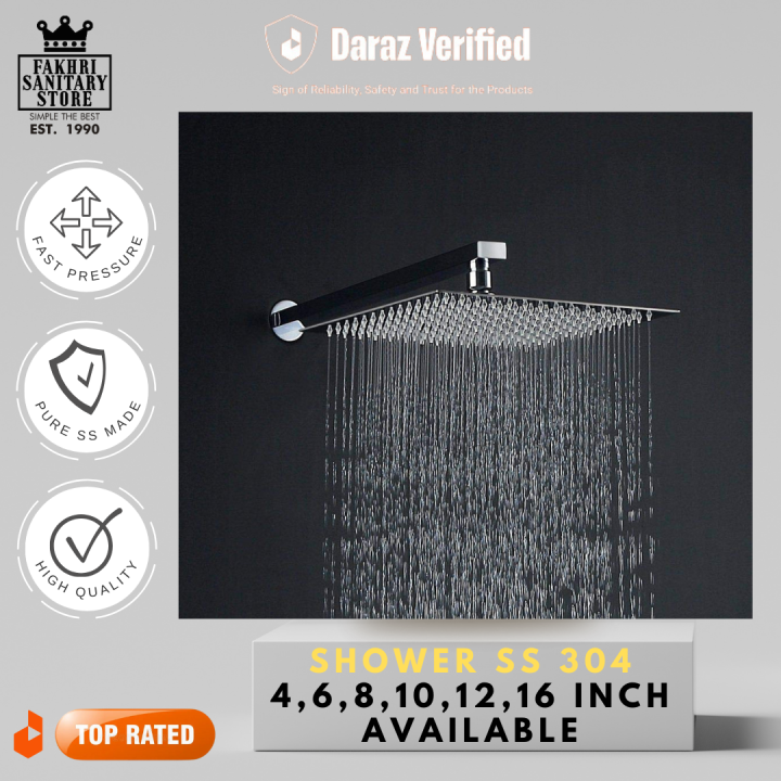 Shower High Quality Premium Overhead rain shower 16x16, 12x12, 10x10, 8x8, 6x6, 4x4. square rain head shower pure stainless steel- 304 for Bathroom use. Best for High pressure. Square Shower Head- Premium quality product with 5 years leakage warranty.