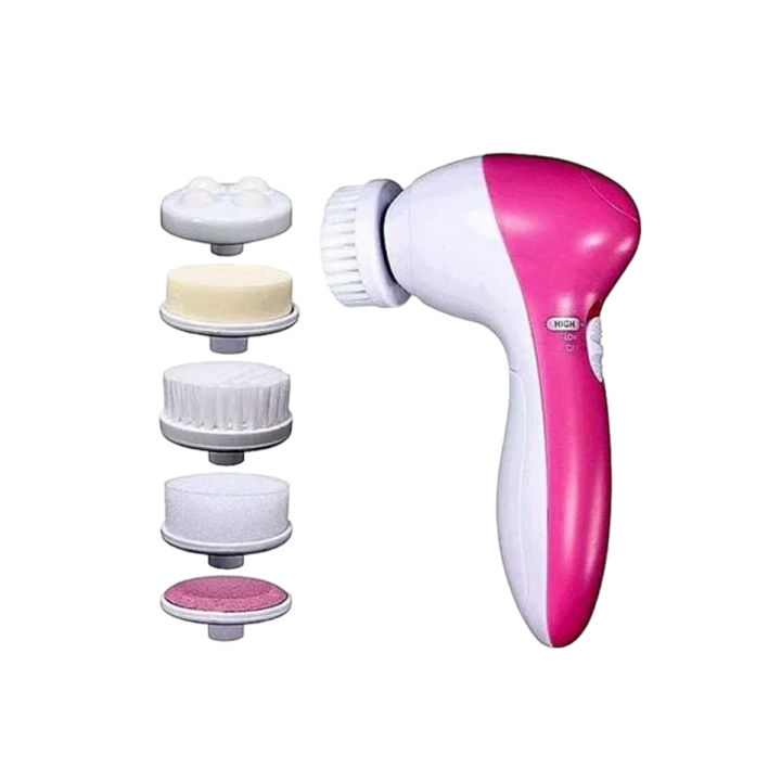 5-in-1 Beauty Care Brush Massager Scrubber Face Skin Electric Facial Cleanser (Pink, White)