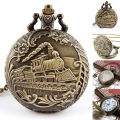 Unisex Antique Case Vintage Brass Rib Chain Train Pattern Quartz Pocket Watch. 