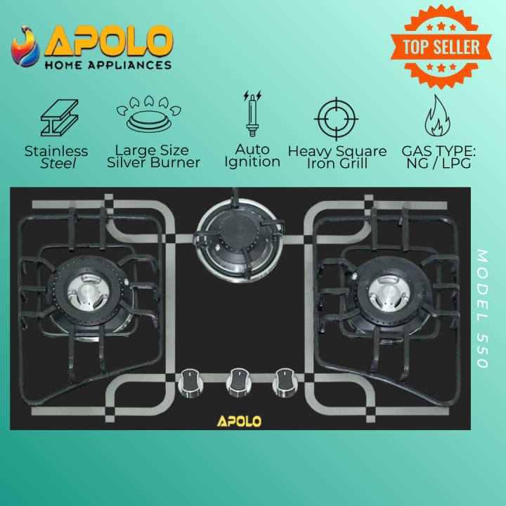 APOLO Automatic Hob -  Model 550 - 3 Burner - 100% Pure Stainless Steel Top  - Rust Proof - 14 Days Return Warranty