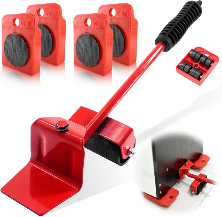 5 in 1 Furniture Moving Tool Heavy Object Mover Furniture Transport Lifter & Furniture Slides Moving House Cabinet Sofa Bed Desk 4 Wheeled Mover Roller 1 Wheel Bar Hand Tools Set (5 in 1) Heavy Furniture Move Tool